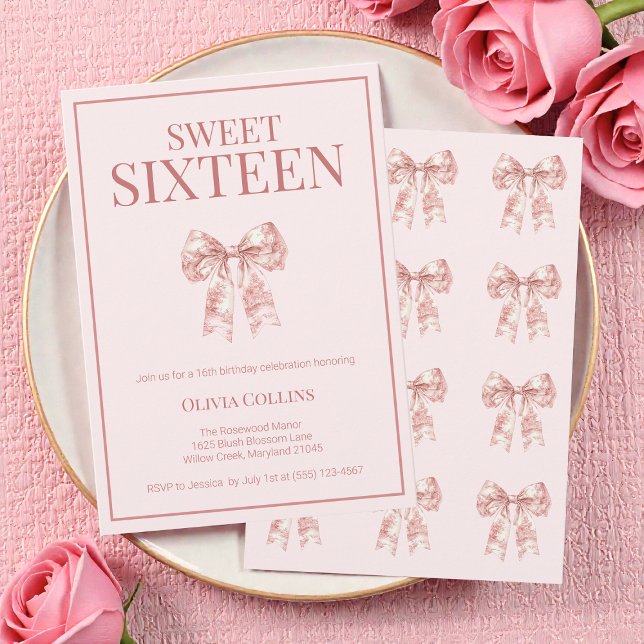 Rosa Coquette Bow Sweet sixteen Födelsedagsfest In Inbjudningar (Pink Coquette Bow Sweet Sixteen Birthday Party Inv Invitation)