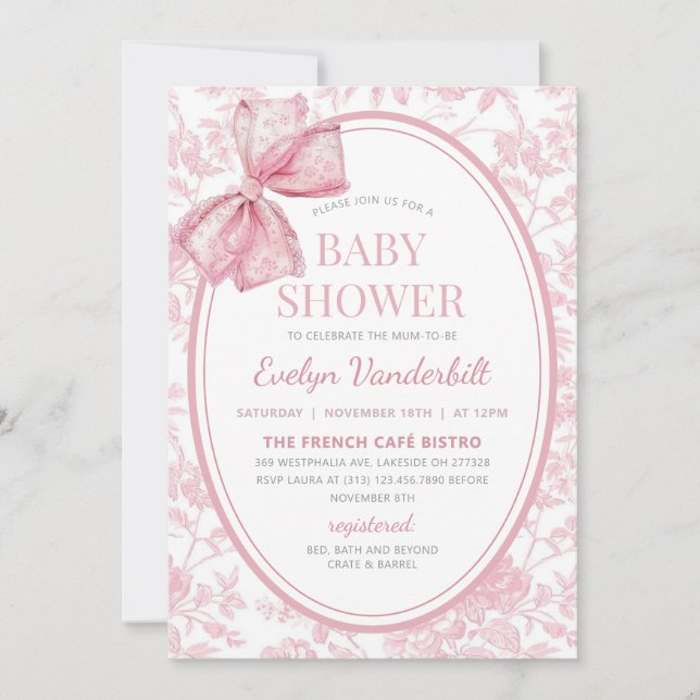 Rosa Coquette Bow Toile Chinoiserie Baby Shower Inbjudningar (Framsida)