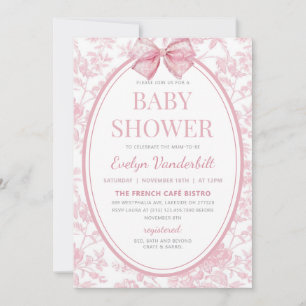 Rosa Coquette Bow Toile Chinoiserie Baby Shower Inbjudningar