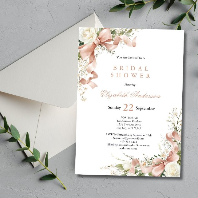 Rosa Coquette Bow Vattenfärg Blommig Bröllopsdusch Inbjudningar (Pink Coquette Bow, White Florals Bridal Shower invitation. Printed or Digital)