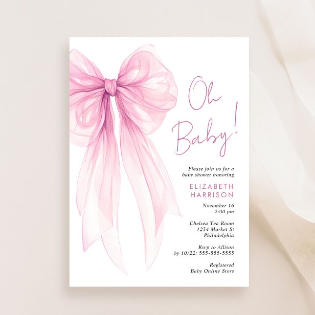 Rosa Coquette Bow Watercolor Flicka Shower Inbjudningar (Celebrate the upcoming arrival of your baby girl with a beautiful baby shower invitation)
