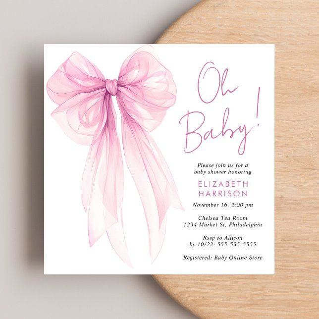 Rosa Coquette Bow Watercolor Flicka Shower Inbjudningar (Celebrate the upcoming arrival of your baby girl with a beautiful baby shower invitation)