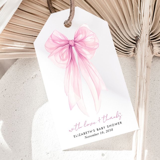 Rosa Coquette Bow Watercolor Flicka Shower Presentetikett (Skapare uppladdad)