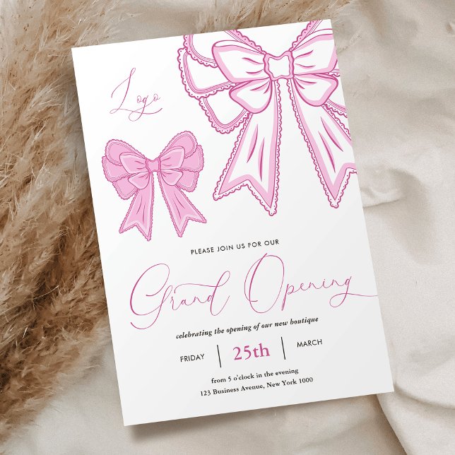 Rosa Coquette Bows Feminine Grand Open Business Inbjudningar (Elegant pink coquette bows business grand opening invitation in pastel pink colors)