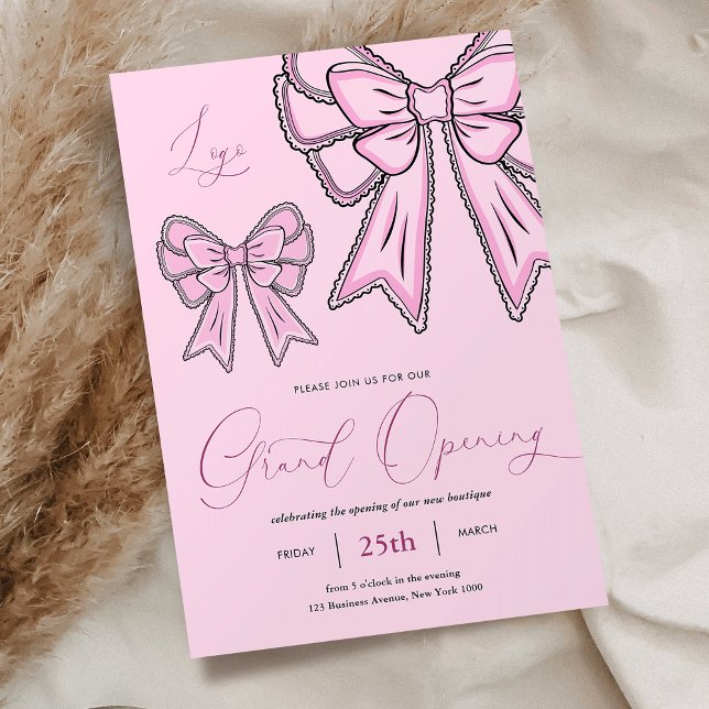 Rosa Coquette Bows Feminine Grand Open Business Inbjudningar (Feminine blush pink coquette bows business grand opening invitation)