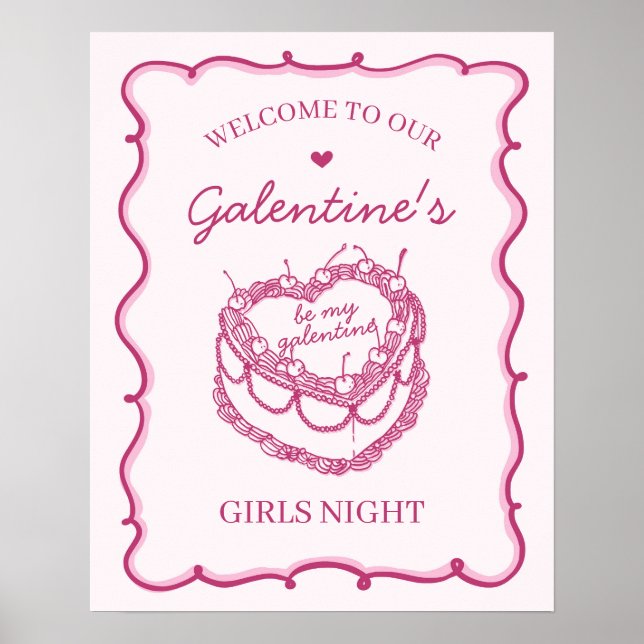 Rosa Coquette Cherry Cake Galentines Party Välkomm Poster (Framsidan)