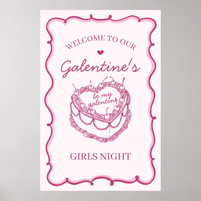 Rosa Coquette Cherry Cake Galentines Party Välkomm Poster (Framsidan)