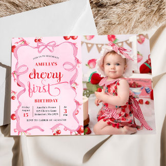 Rosa Coquette Cherry First Birthday Photo Inbjudningar