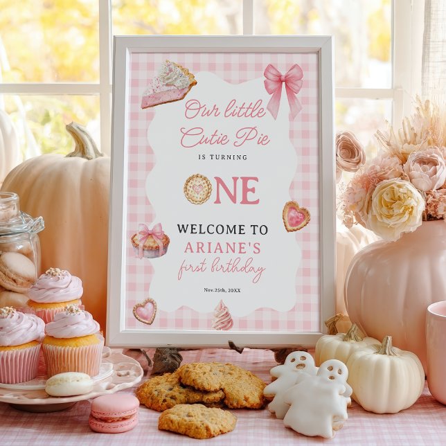 Rosa Coquette Cutie Pie Första Födelsedags Välkoms Poster (Pink Coquette Cutie Pie First Birthday Welcome Poster)