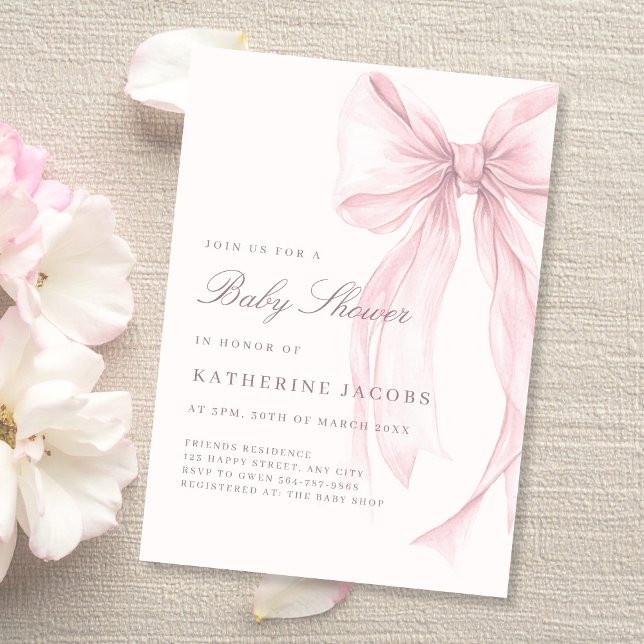 Rosa Coquette Elegant Bebis Shower Inbjudningar (Pink Coquette Bow Baby Shower Invitation)
