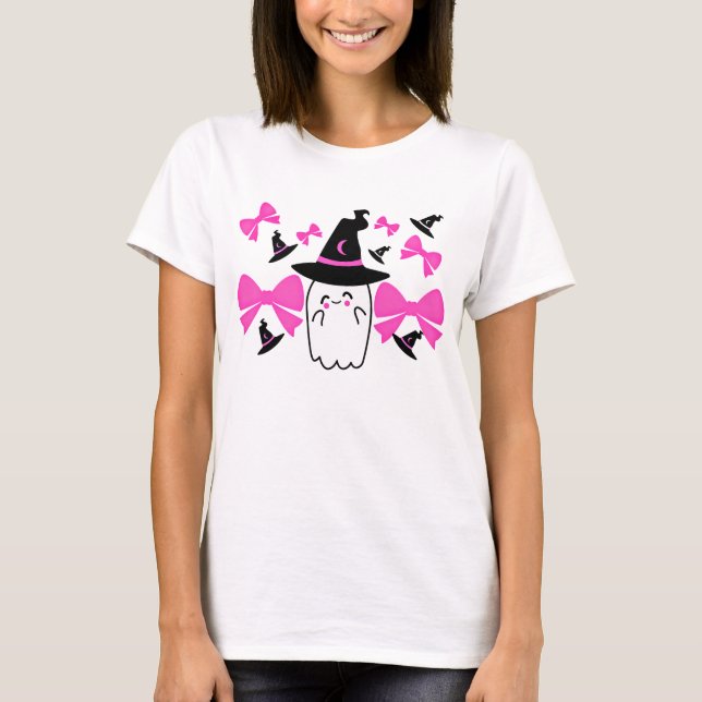 Rosa Coquette Ghost med Bows Halloween T Shirt (Framsida)