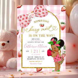 Rosa Coquette Gingham Jordgubbs Söt Baby Shower Inbjudningar