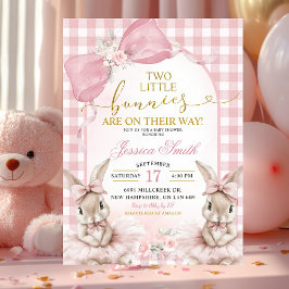 Rosa Coquette Gingham Tvilling Kaniner Babyfirande Inbjudningar