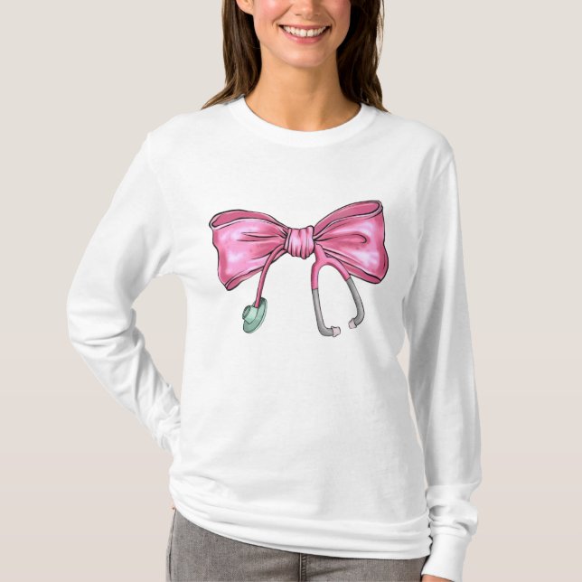 Rosa Coquette Nurse Stethoscope Bow T Shirt (Framsida)