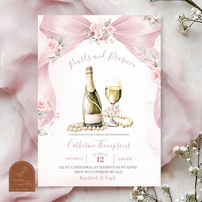 Rosa Coquette Pärlor och Prosecco Bröllopsdusch Inbjudningar (Skapare uppladdad)