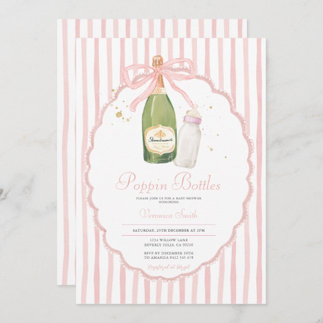 Rosa Coquette Poppin Flaskor Par Baby Shower Inbjudningar (Fram/baksida)