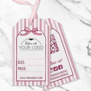 Rosa Coquette-ränder & Bow Handritad Din Logotyp Presentetikett