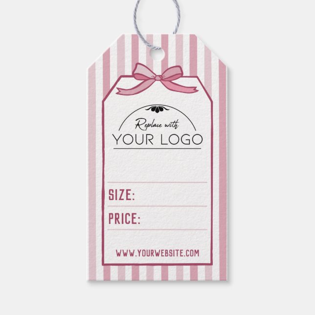 Rosa Coquette-ränder & Bow Handritad Din Logotyp Presentetikett (Framsidan)