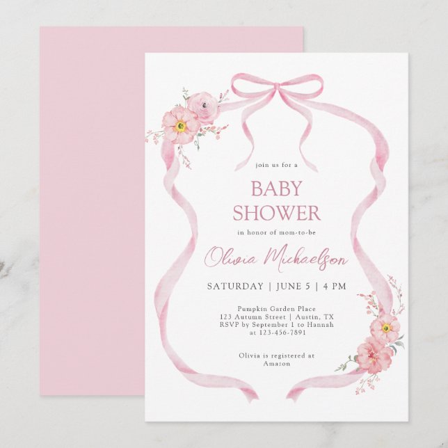 Rosa Coquette Ribbon Bow Blommigt Girl Baby Shower Inbjudningar (Fram/baksida)