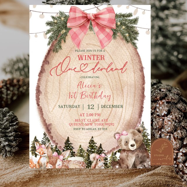 Rosa Coquette Rustik Födelsedagsfest i Vinter Skog Inbjudningar (Skapare uppladdad)