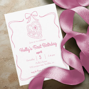 Rosa Coquette-smycke 1-årsdag Rosa Bow Inbjudningar