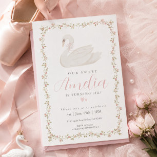 Rosa Coquette Svan Blommig Flickfödelsedagsinbjuda Inbjudningar