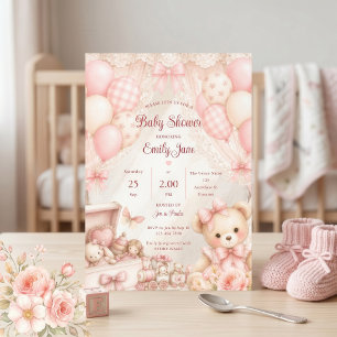 Rosa Coquette Teddybjörn Bebis Shower Inbjudningar