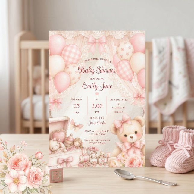 Rosa Coquette Teddybjörn Bebis Shower Inbjudningar (Skapare uppladdad)