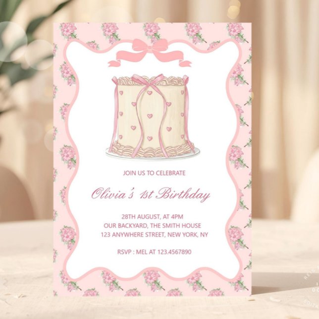 Rosa Coquette Vintage tårtsnoddar Födelsedag Inbjudningar (pink bow birthday, coquette bows, preppy, cute girly, grandmillennial, teen birthday, girl birthday,)