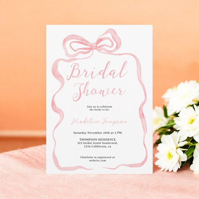 Rosa Coquette Watercolor Bow-Möhippa Inbjudningar (Pink Coquette Watercolor Bow Bridal Shower Invitation)
