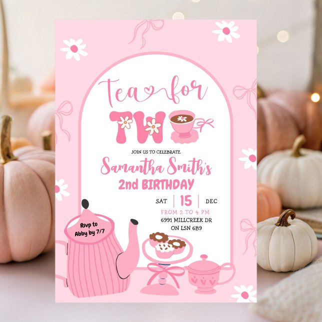 Rosa Coquette Whimsical Retro Tea 2:a födelsedagen Inbjudningar (Skapare uppladdad)