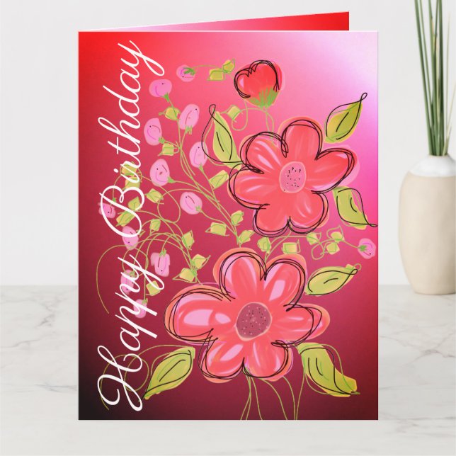 Rosa Coral and Lime Blommigt Birthday Card Kort (Framsida)