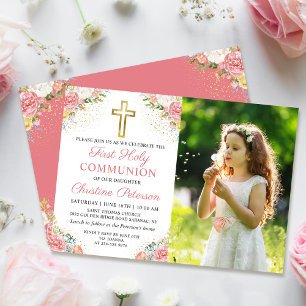 Rosa Coral Blommigt First Heliga Communion Photo Inbjudningar