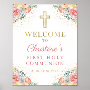Rosa Coral Blommigt First Heliga Communion Välkomm Poster