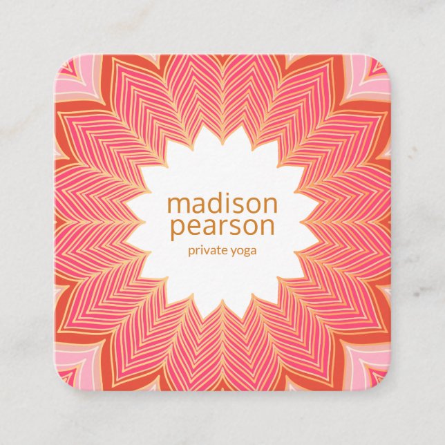 Rosa Coral Lotus Mandala Flower Yoga Teacher Fyrkantigt Visitkort (Framsida)