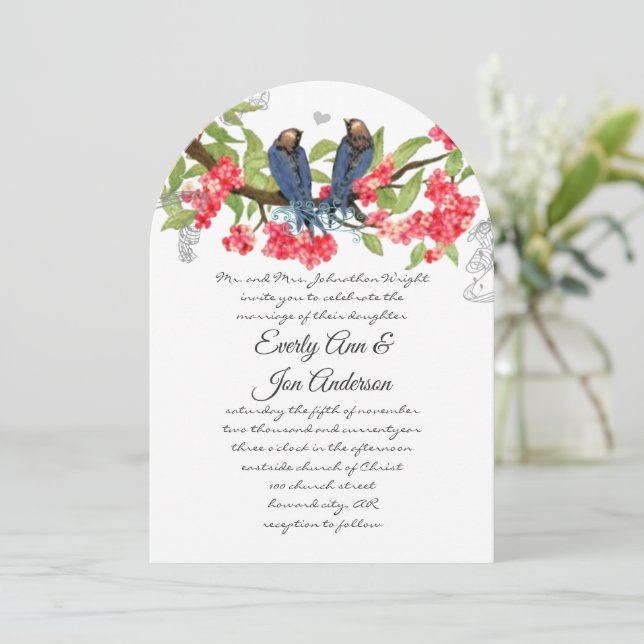 Rosa Coral Lovebird Forest Fairytale Bröllop Inbjudningar (Stående Fram)