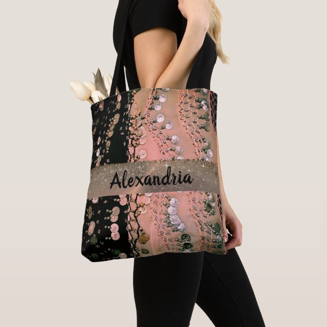 Rosa Coral och Black Glitter Mynt Personlig Tygkasse (Närbild)