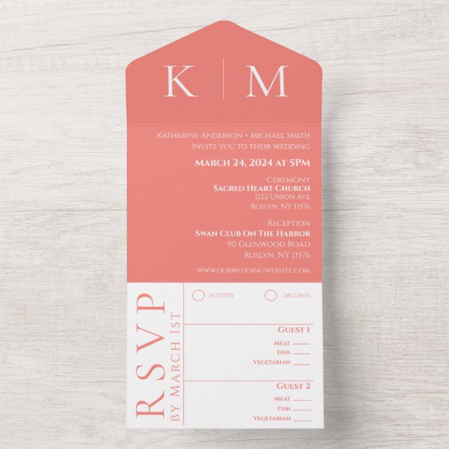 Rosa Coral och White-Monogram-Bröllop- (Insida)