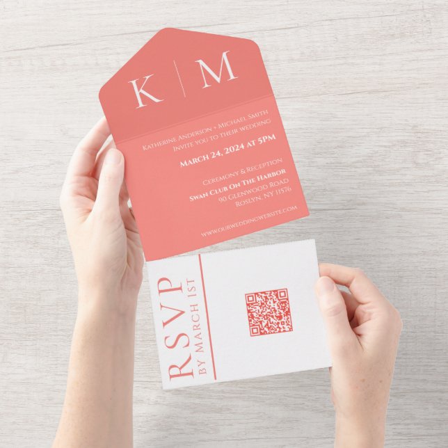 Rosa Coral och White-Monogram-Modern-Bröllop-Moder (Avrivbar del)