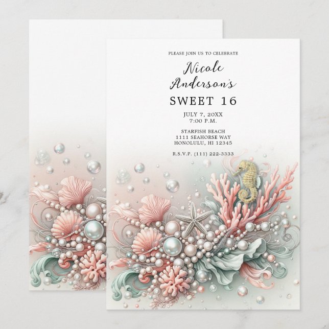 Rosa Coral & Pearls under Sea Sweet 16 Inbjudningar (Fram/baksida)