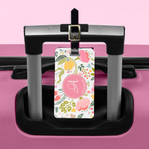 Rosa Coral Watercolor Blommönster Monogram Namn Bagagebricka