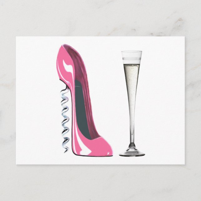 Rosa Corkskruv Stiletto Shoe och Champagne Flute Vykort (Framsida)