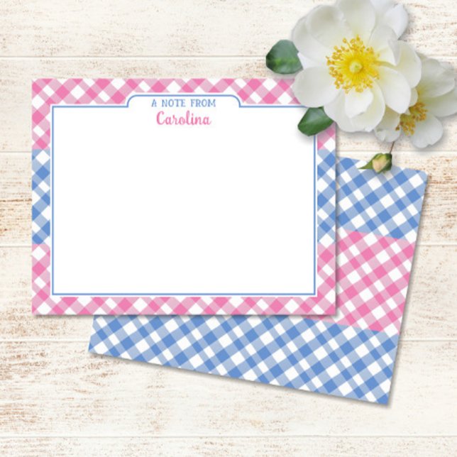 Rosa & Cornblomme Blue Preppy Gingham Stationery Anteckningskort (Pink & Cornflower Blue Gingham Flat Note Cards)