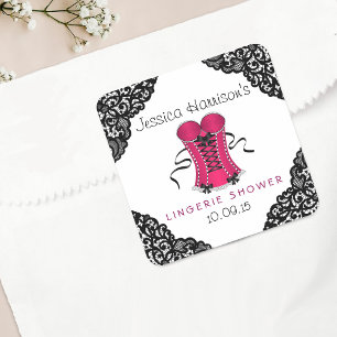 Rosa Corset & Black Snöre Lingerie Shower Stickers Fyrkantigt Klistermärke