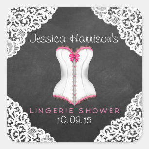Rosa Corset White Snöre Chalkboard Lingerie Shower Fyrkantigt Klistermärke