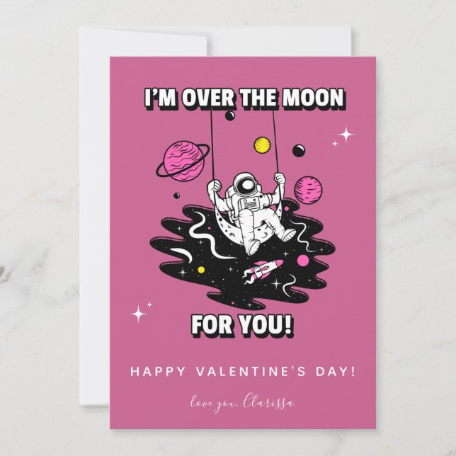 Rosa Cosmic Astronaut Galaxy Valentines day Rocket Julkort (Framsida)