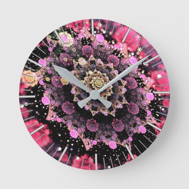 Rosa Cosmic Burst Fractal Rund Klocka (Framsida)