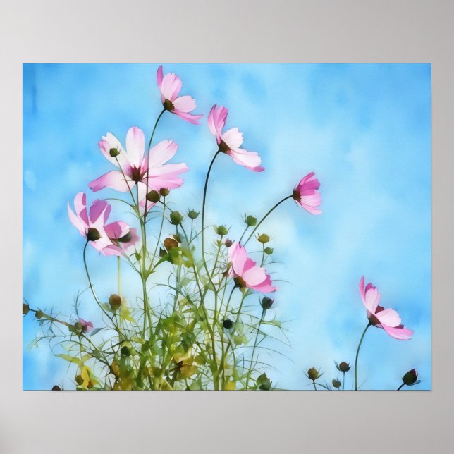 Rosa Cosmos Blommor Blommig Konstaffisch Poster (Framsidan)