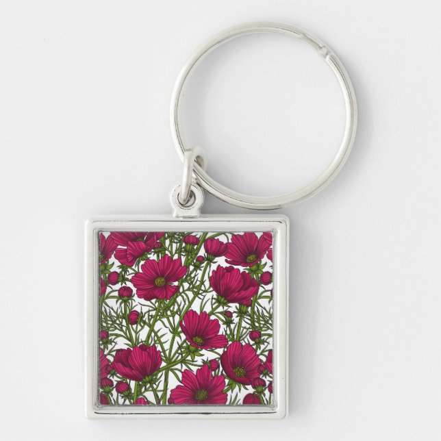 Rosa Cosmos blommor Fyrkantig Silverfärgad Nyckelring (Framsidan)