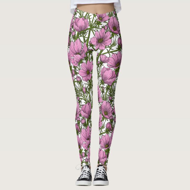 Rosa Cosmos blommor Leggings (Framsida)